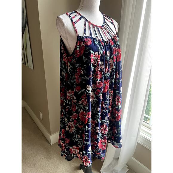 NWT Enro blue, red strappy floral boho mini dress size L - Picture 2 of 5